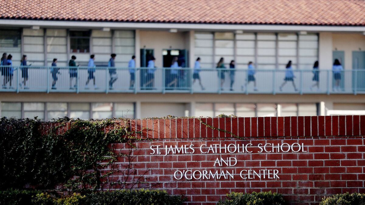 St. James Catholic School in Torrance. The school is embroiled in controversy after two nuns allegedly stole hundreds of thousands of dollars and a teacher claims she was wrongfully fired.