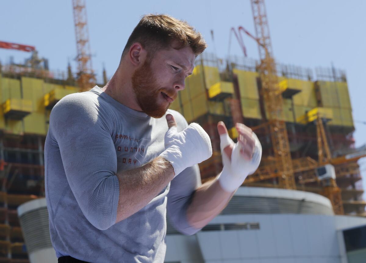Boxer Middleweight Champion Canelo Alvarez hosts an open-to-the-public media workout at L.A. LIVE in Los Angeles on Monday, Aug. 28, 2017. Canelo Alvarez vs. Gennady "GGG" Golovkin is a 12-round box fight for the middleweight championship of the world presented by Golden Boy Promotions and GGG Promotions. The event will take place Saturday, Sept. 16, 2017, at T-Mobile Arena in Las Vegas.