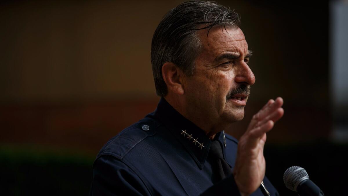 Los Angeles Police Chief Charlie Beck speaks to reporters last month.