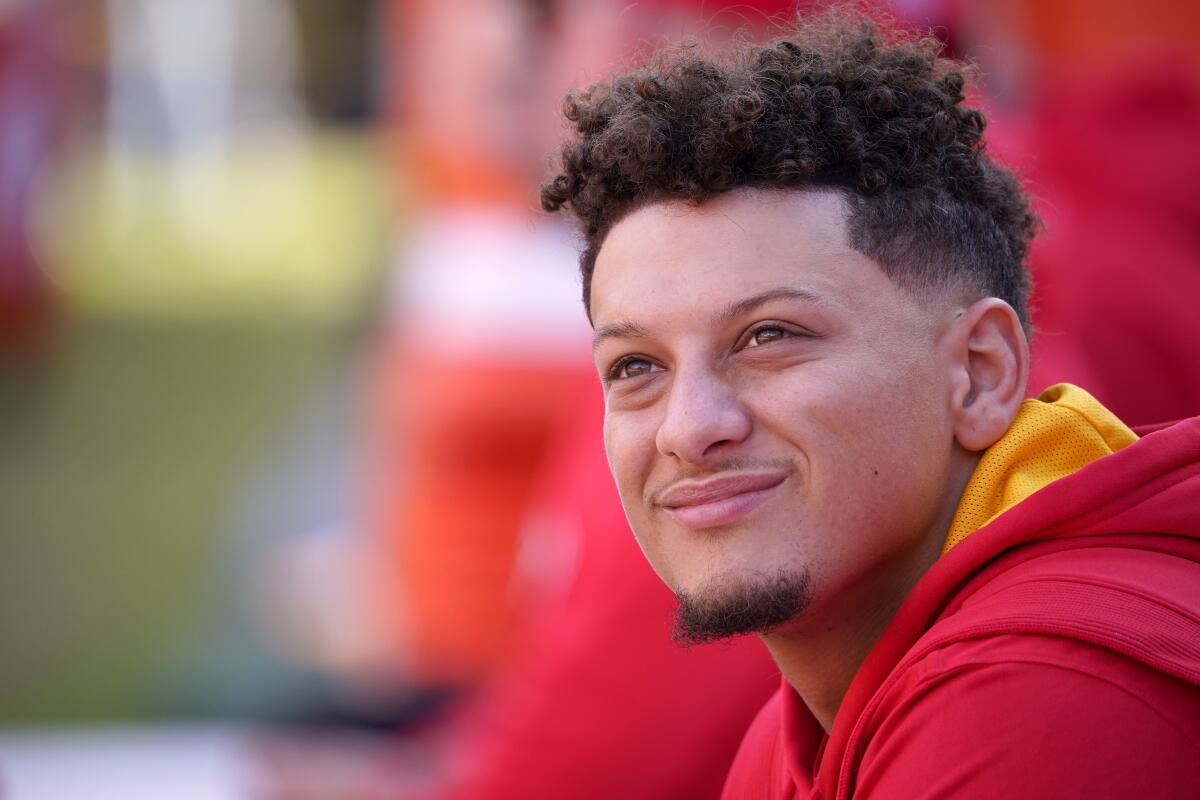 Kansas City Chiefs quarterback Patrick Mahomes is seen before the start of a game against the Green Bay Packers.