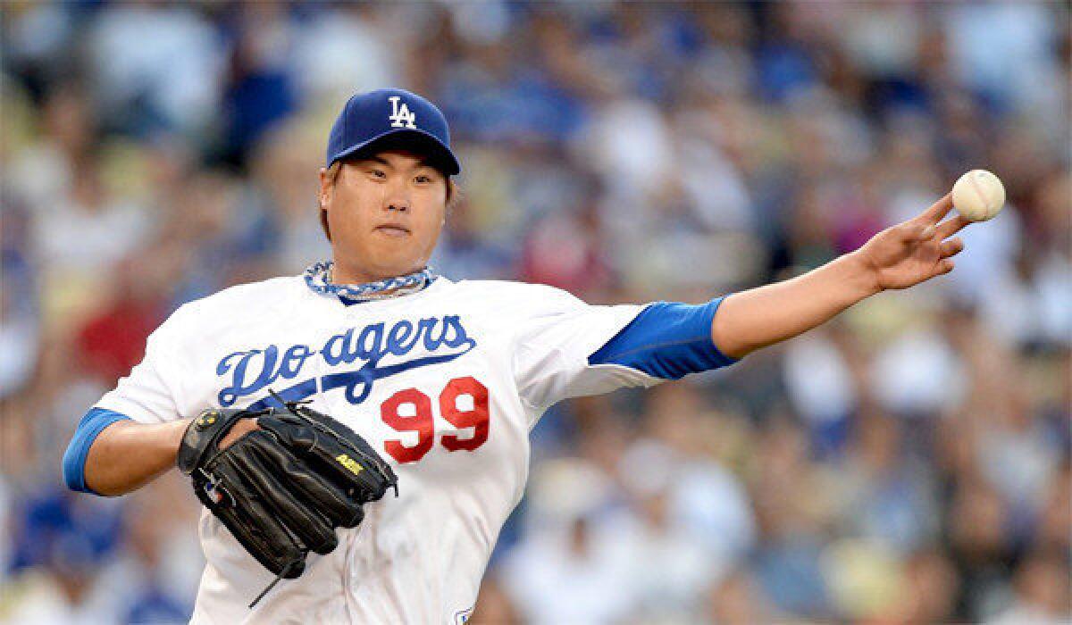 Dodgers left-hander Hyun-Jin Ryu allowed just two hits and struck out seven in his first shutout and first complete game, a 3-0 victory over the Angels.