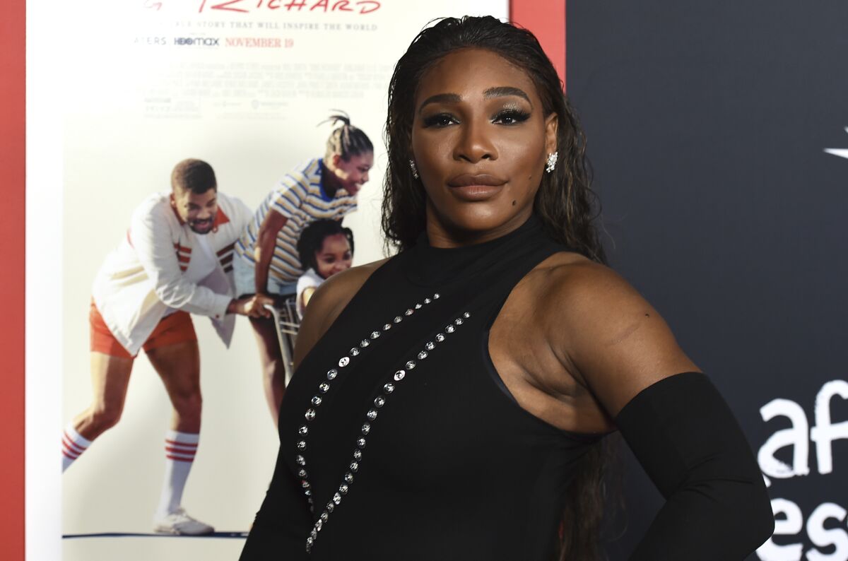 FILE - Executive producer Serena Williams arrives at the premiere of "King Richard" during the American Film Fest at the TCL Chinese Theatre on Sunday, Nov. 14, 2021, in Los Angeles. Williams is normally the one participating in a major championship matchup, but the six-time Wimbledon winner is looking forward to watching the Super Bowl along with her commercial. The tennis superstar stars in a Michelob ULTRA commercial along with several other athletes such as Peyton Manning, Jimmy Butler and Nneka Ogwumike for a competitive game of bowling. (Photo by Jordan Strauss/Invision/AP, File)