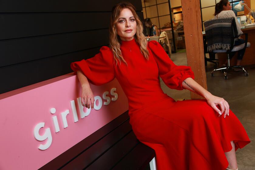 LOS ANGELES, CA., JUNE 25, 2019?Sophia Amoruso, author of "Girlboss" and founder of Girlboss Media, at her office. We'd also like to see if there are any products worth photographing. We have 30 minutes to set up and 30 minutes to get the photos. We definitely would like a strong portrait of Sophia.Amoruso is the rags-to-riches story of which every aspiring entrepreneur dreams. At age 22, she launched a clothing company from her bedroom that pulled in more than $300 million in revenue during its heyday. She once had 200 employees and bricks-and-mortar stores in Los Angeles and Santa Monica. Thanks to her company?s success and Amoruso?s marketing prowess, the entrepreneur?s autobiography, ?#Girlboss, ? spent 18 weeks on the New York Times bestsellers list in 2014. The book?s title became a major part of the zeitgeist?s vernacular empowering and energizing young women during the pre-#MeToo era. (Kirk McKoy / Los Angeles Times)