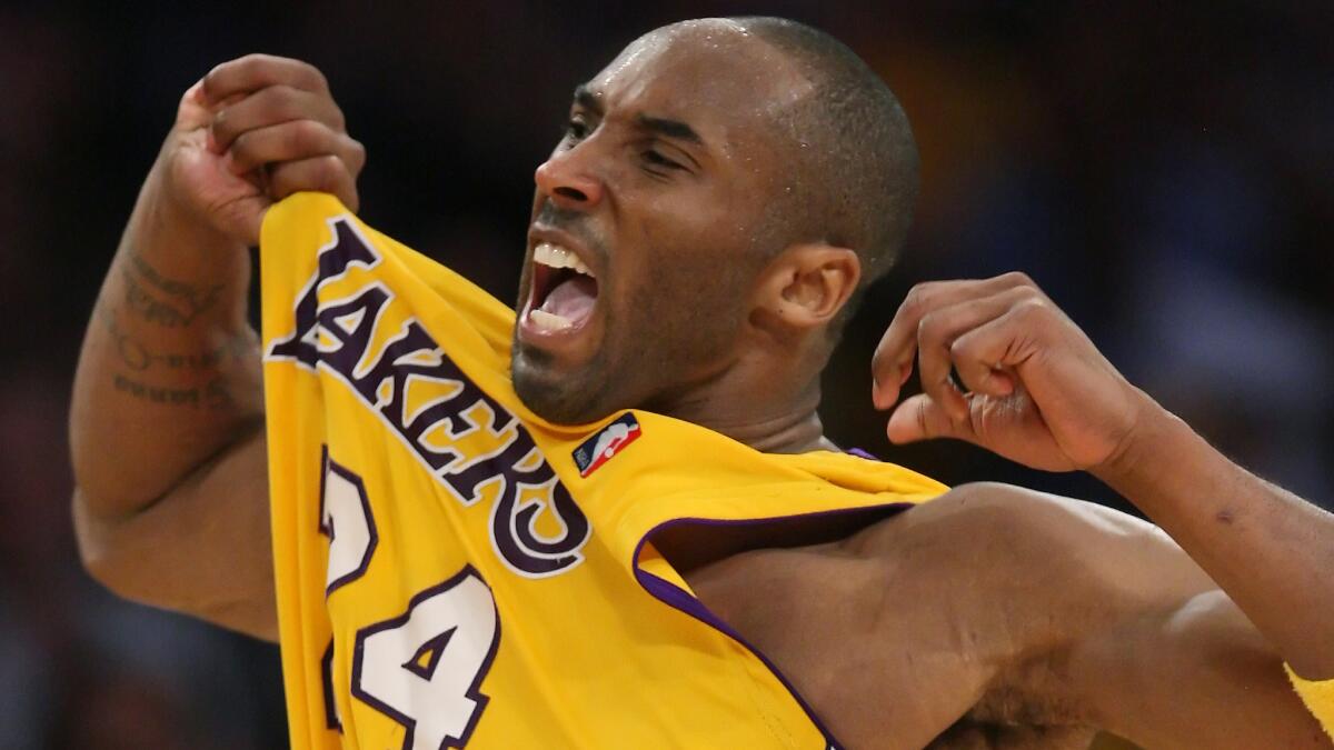 Lakers star Kobe Bryant celebrates after hitting a late three-pointer in a win over the Utah Jazz in Game 2 of the 2009 Western Conference quarterfinals.