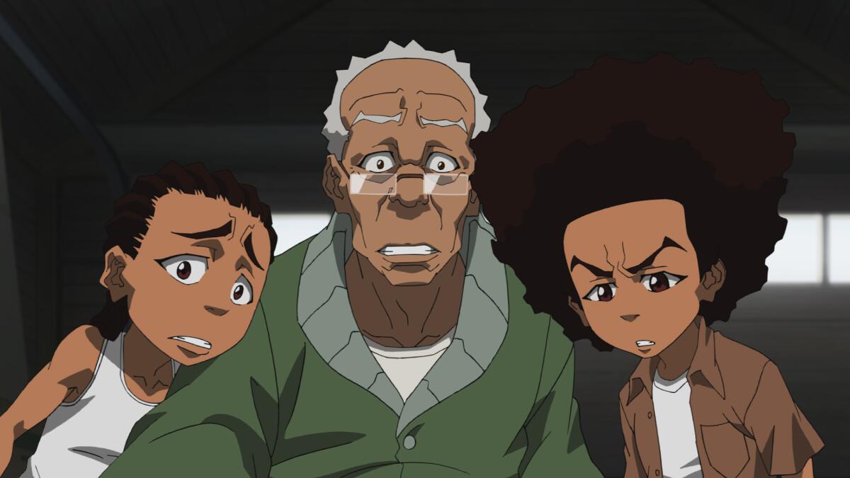 Two animated young boys sit on either side of an older man.