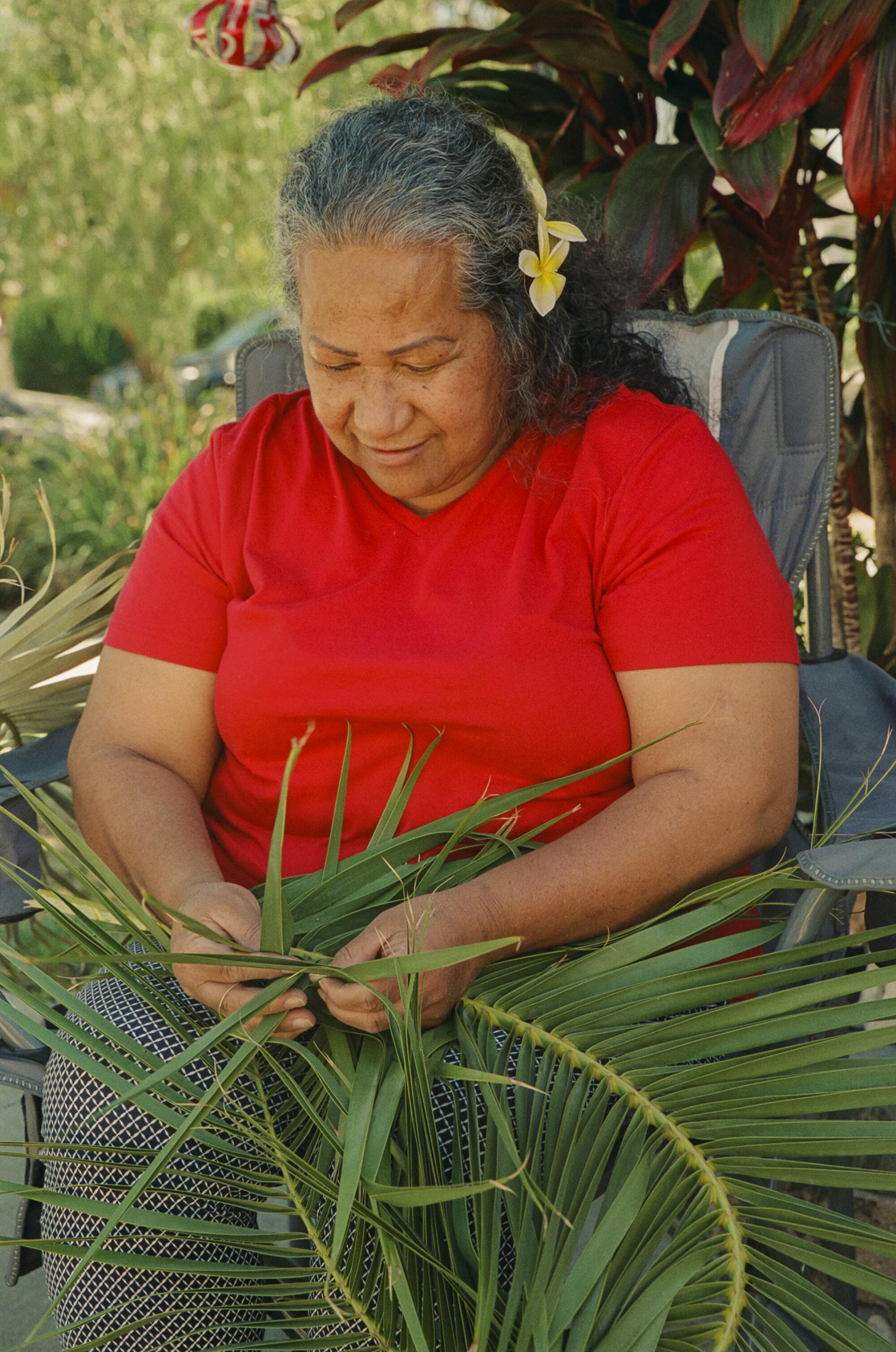 Maria Maea’s mother, Susan Tuilaepa, helped weave many of the sculptures in the show.