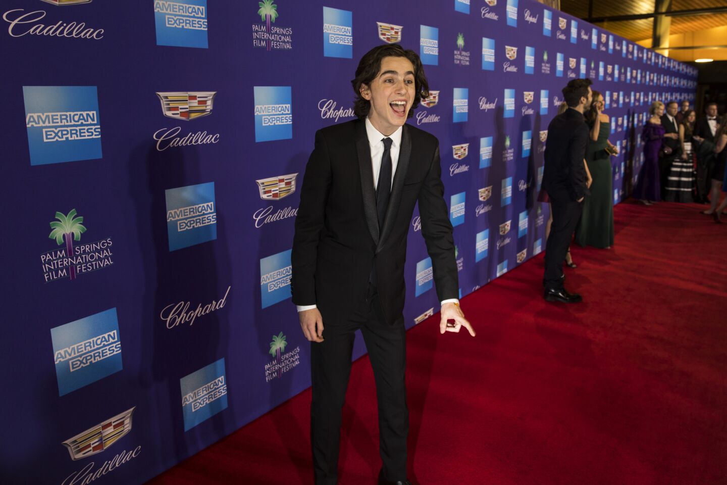 Timothee Chalamet on the red carpet of the 18th annual Palm Springs International Film Festival Gala at the Palm Springs Convention Center. Chalamet received the Rising Star Award.
