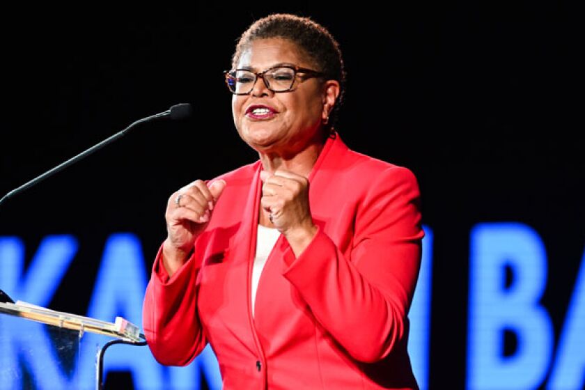 L.A. mayoral candidate Karen Bass at an election rally on Nov. 8.