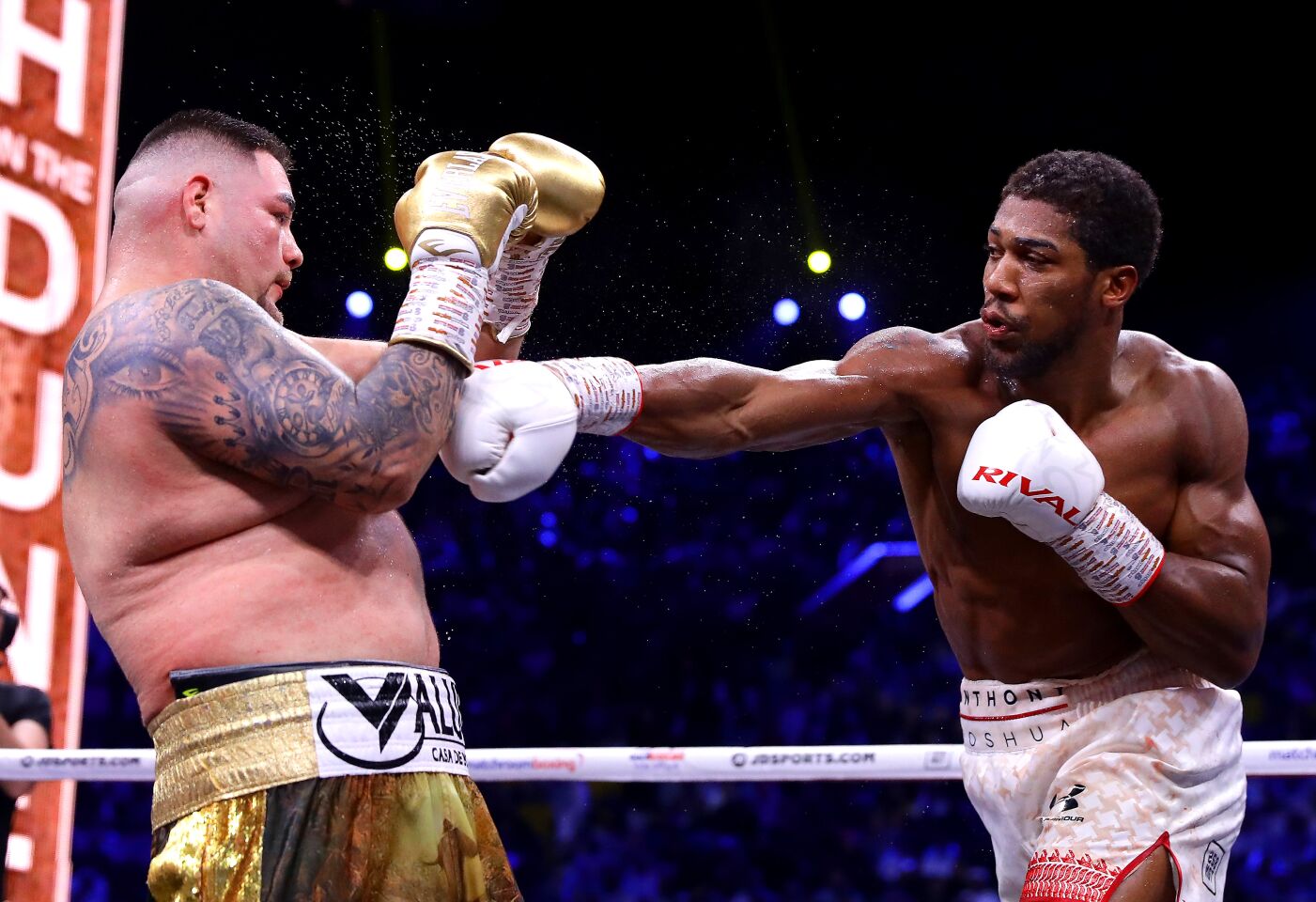 Anthony Joshua throws a right hand at Andy Ruiz Jr. during a heavyweight title fight on Dec. 7 in Diriuah, Saudi Arabia.