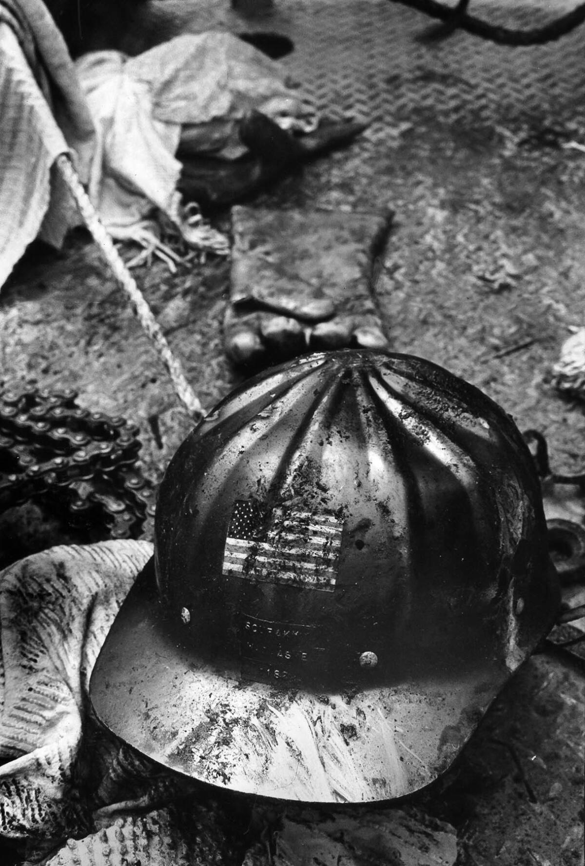 June 27, 1971: Helmet worn by William I. Ashe, 52, killed by explosion in tunnel in Sylmar.