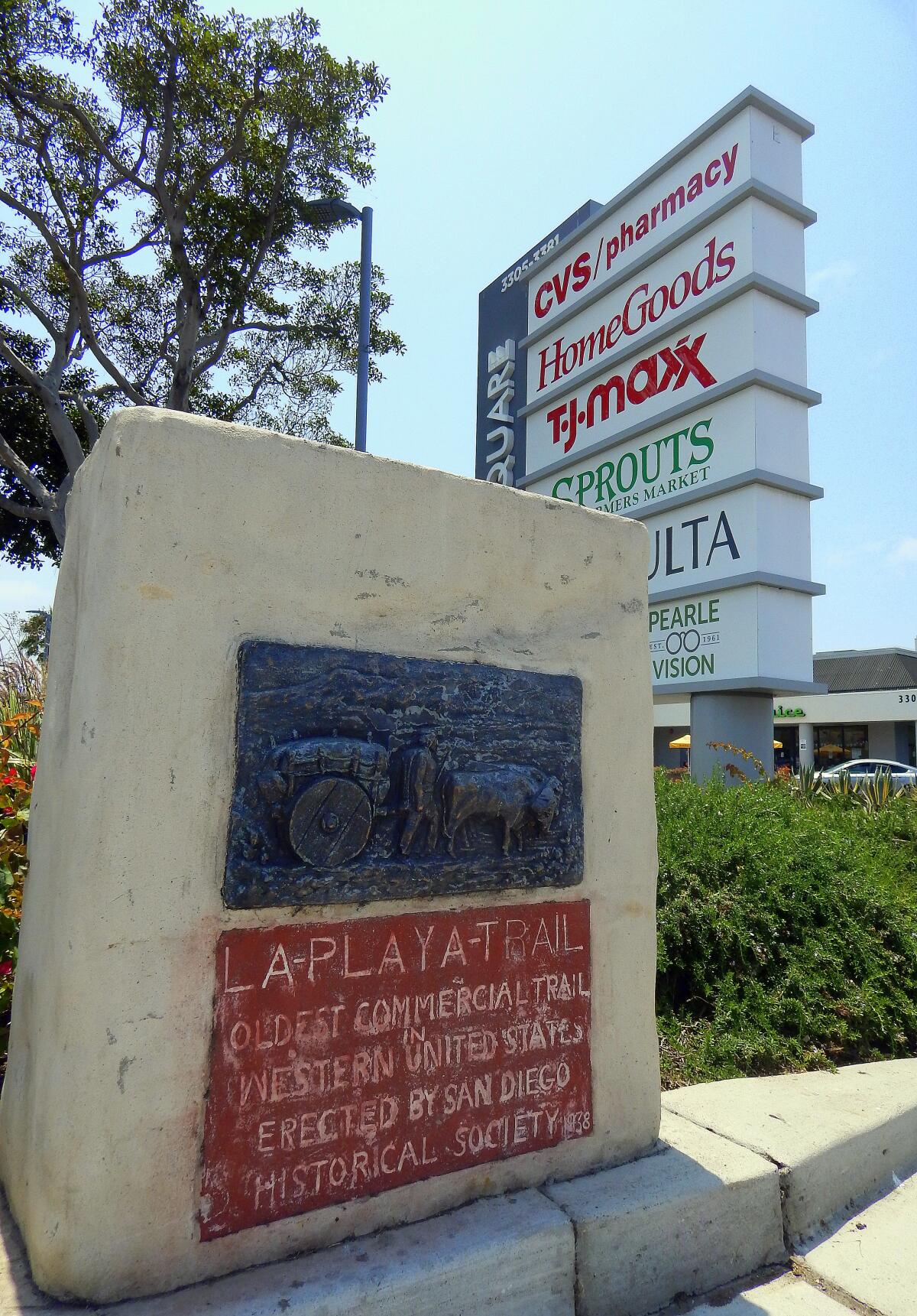 The refurbished La Playa Trail marker on Rosecrans Street at Loma Square.