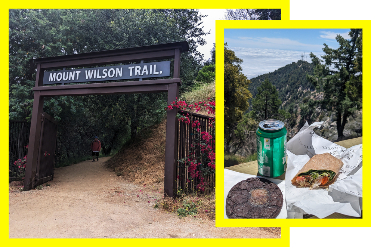 The Mt. Wilson trailhead in Sierra Madre, left; Lunch (a wrap, cookie and soda) with a view on Mt. Wilson, right.