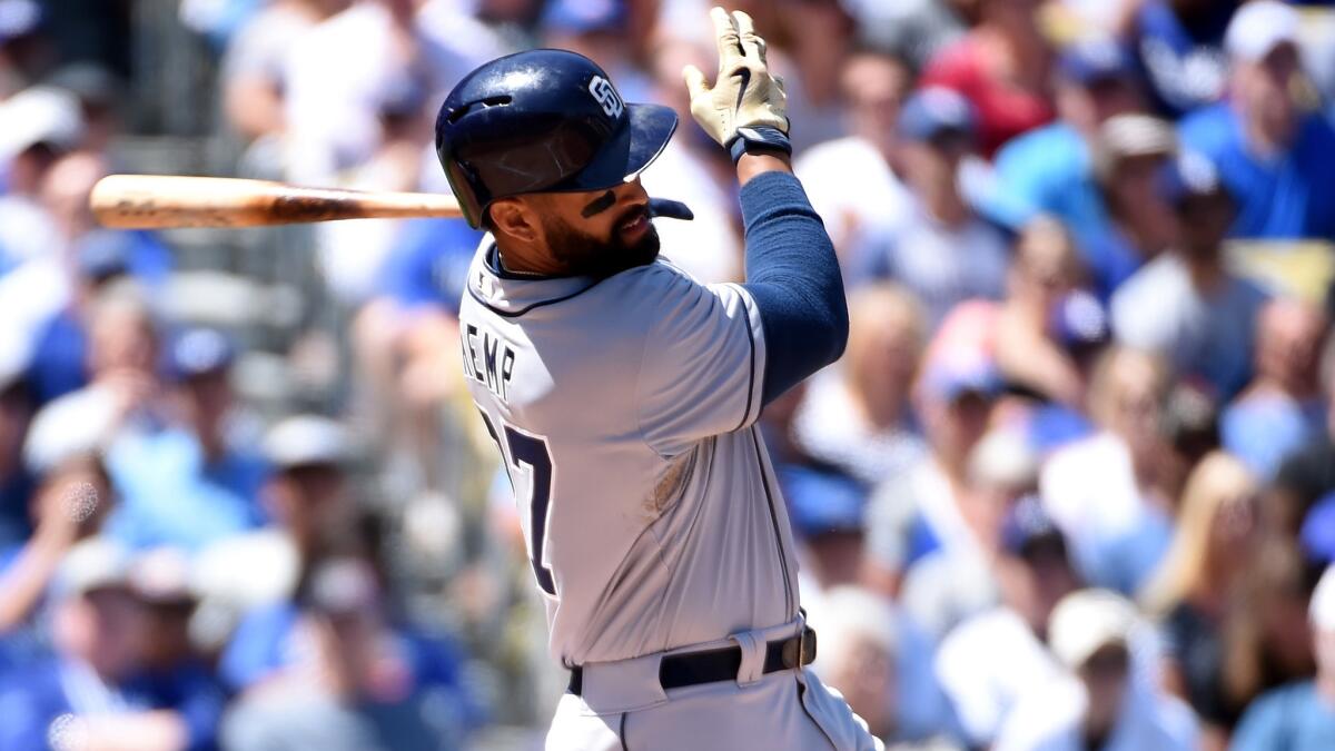 LOS ANGELES, CA - APRIL 06: Matt Kemp #27 of the San Diego Padres singles to score a run to take a 1-0 lead over the Los Angeles Dodgers in the first inning during opening day at Dodger Stadium on April 6, 2015 in Los Angeles, California. (Photo by Harry How/Getty Images) ** OUTS - ELSENT, FPG - OUTS * NM, PH, VA if sourced by CT, LA or MoD **