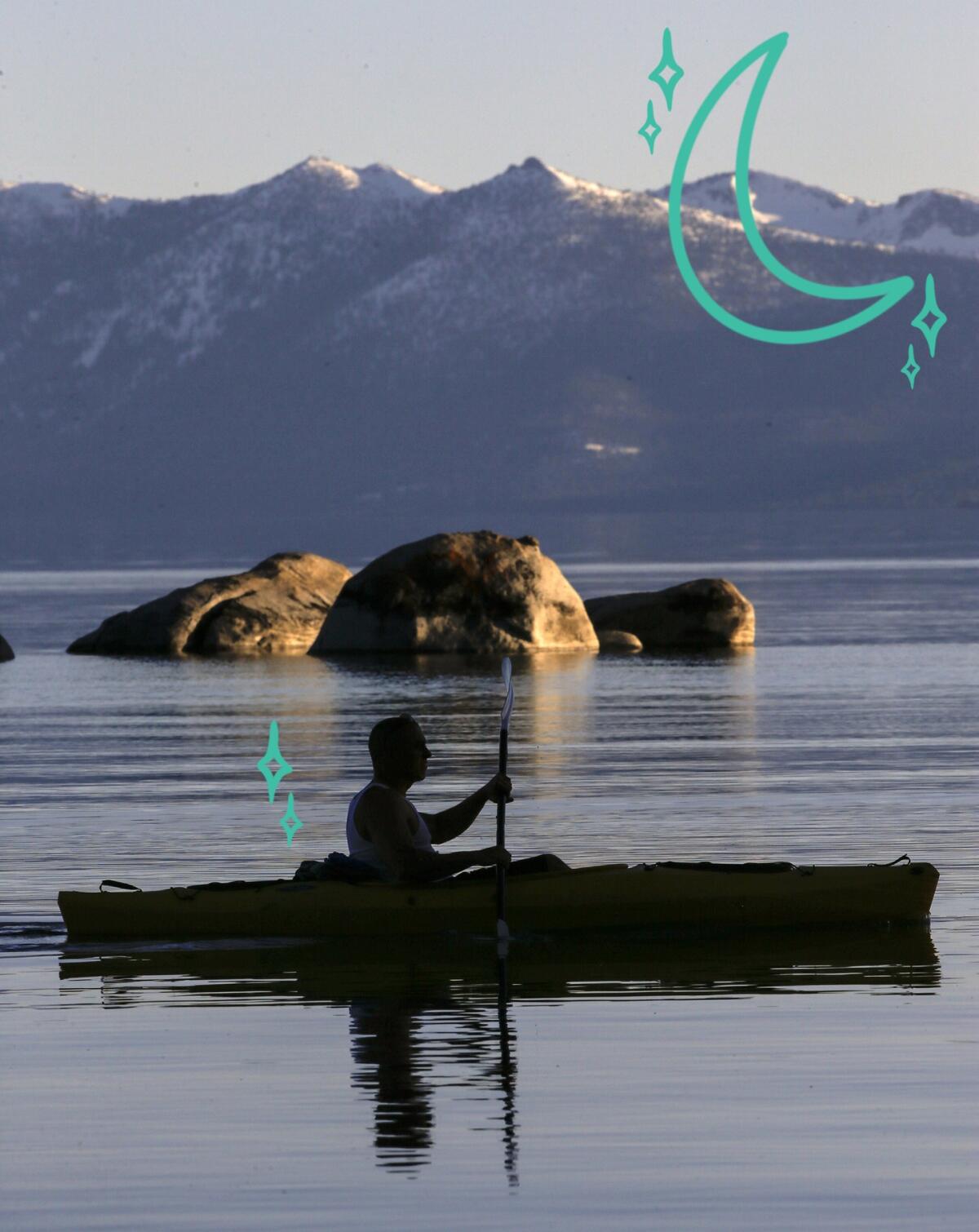 A photo illustration of a kayak and kayaker on the water.