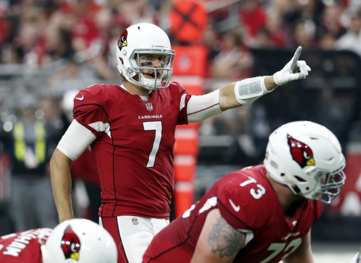 Cardinals quarterback Blaine Gabbert calls out the signals at the line of scrimmage during a game against the Jaguars on Nov. 26.