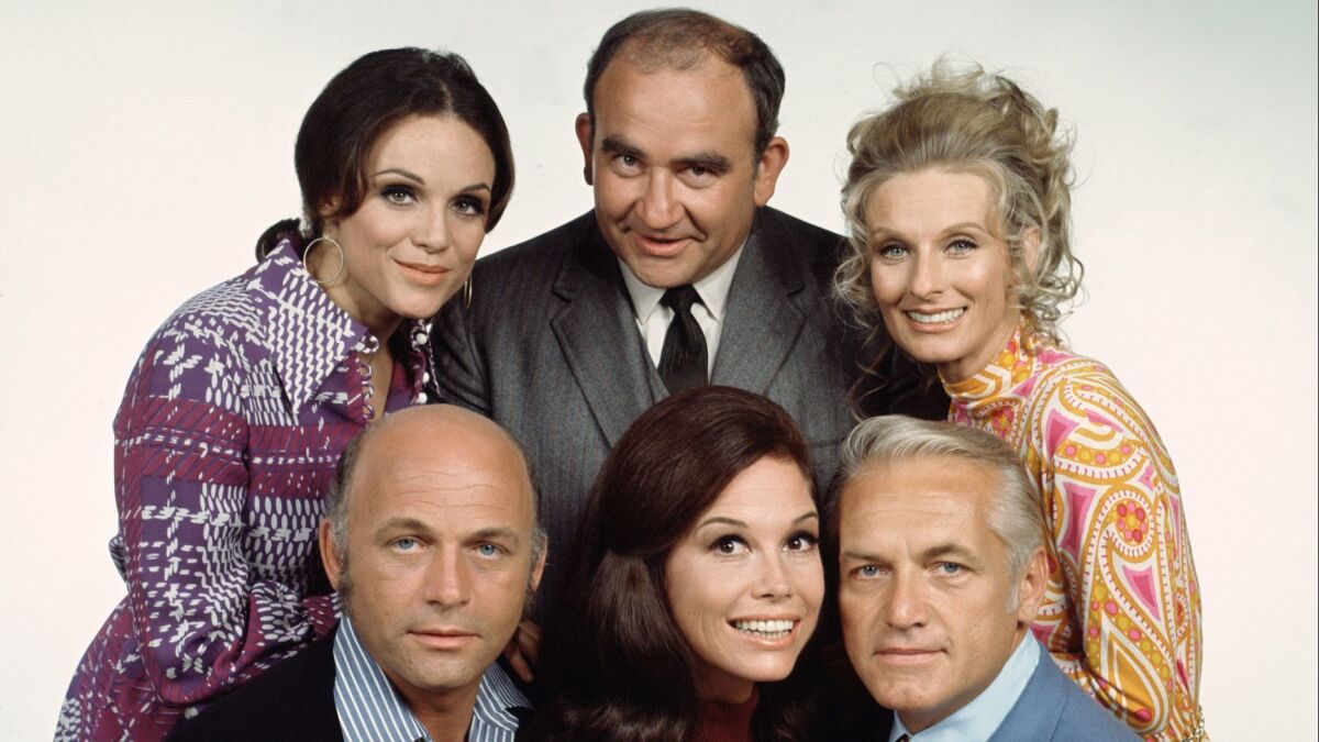 "The Mary Tyler Moore Show" cast members, clockwise from top left, Valerie Harper, Ed Asner, Cloris Leachman, Ted Knight, Moore and Gavin McLeod in 1972.
