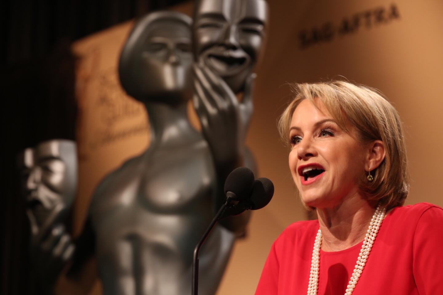 Gabrielle Carteris, SAG-AFTRA Executive Vice President, introduces the presenters for the 22nd Annual Screen Actors Guild Awards nominations from the Pacific Design Center in West Hollywood.