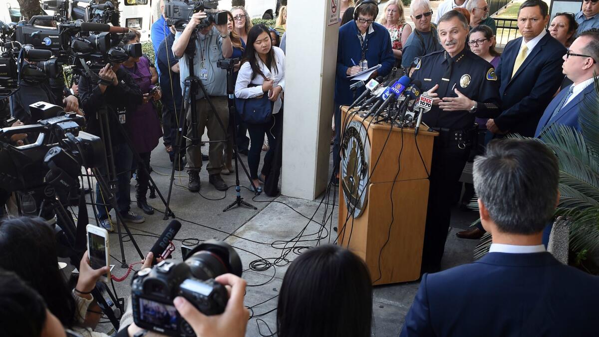 Pomona Police Chief Paul Capraro announces the arrest of a suspect, Sengchan Houl, 35, in the shooting death of Jonah Hwang during a news conference outside the Pomona Police Department on Monday.