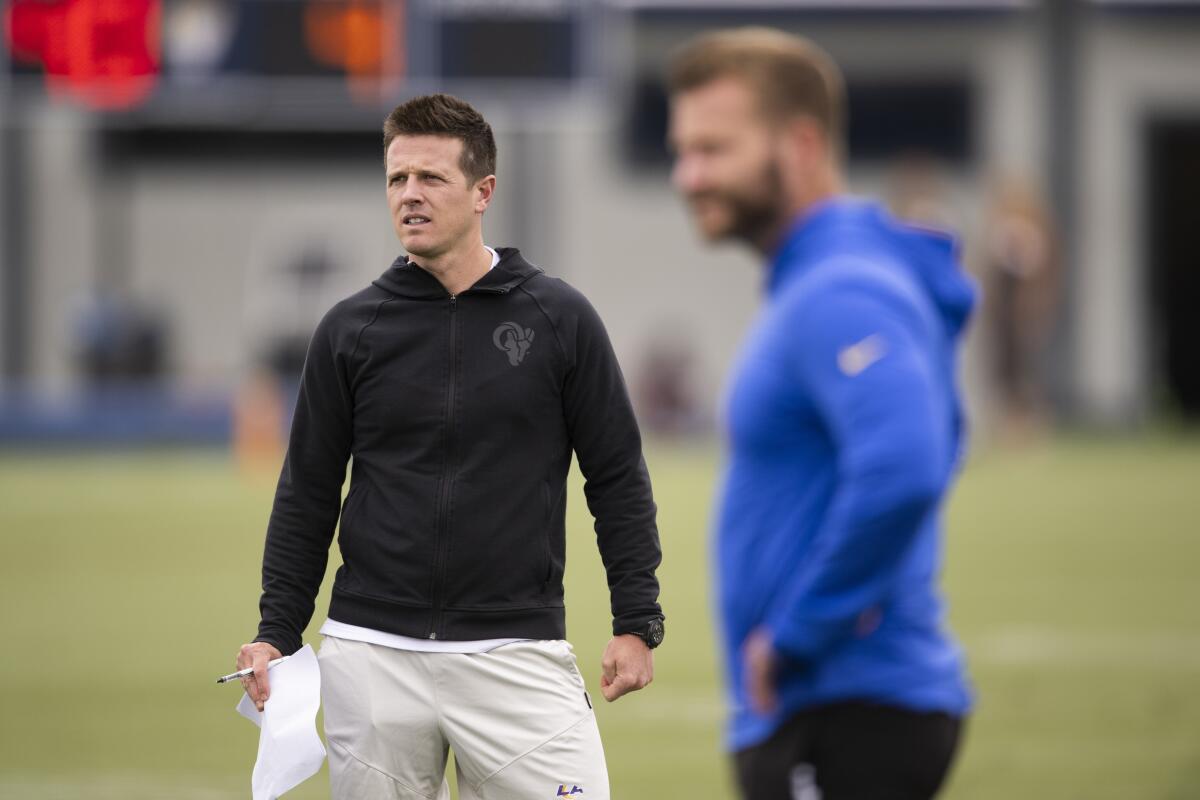 How turning into a dad helped persuade Sean McVay to stay Rams head coach 4 New Rams offensive coordinator Mike LaFleur and coach Sean McVay watch practice.