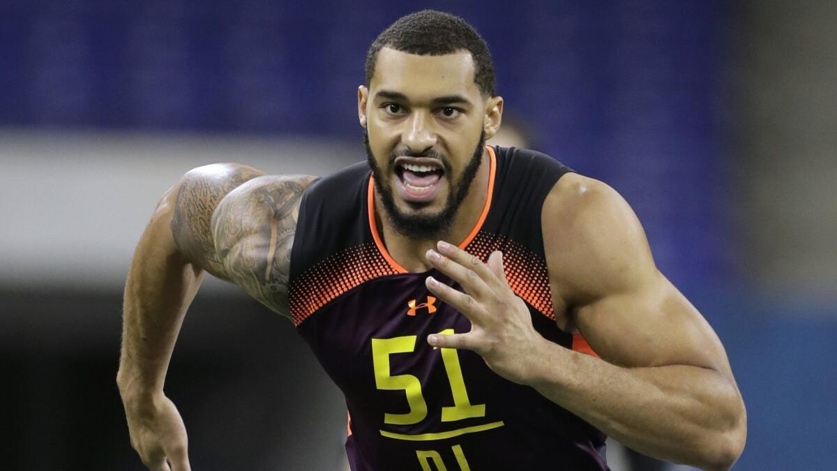 Mississippi State defensive lineman Montez Sweat runs a drill during the NFL scouting combine.