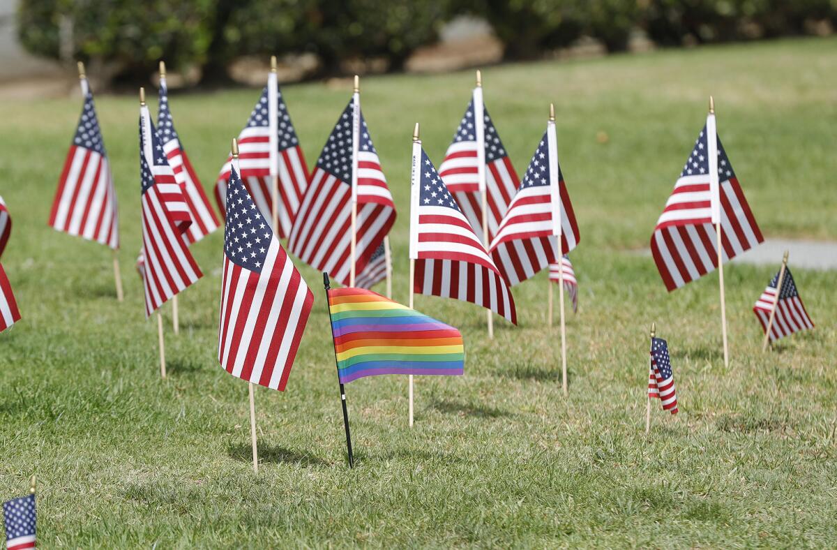 Small American flags are placed around the Back Bay and Monte Vista High School marquee sign.