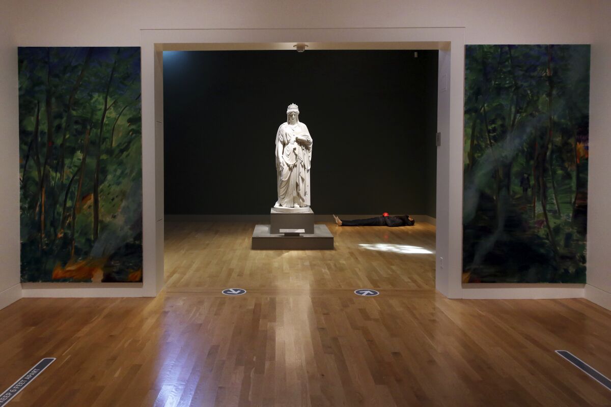 Paintings and sculpture from the biennial "Made in L.A. 2020: a version" sit at the Huntington Library in San Marino. 