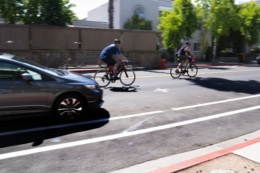 San Diego, CA - June 22: The city recently painted new bike lanes along Park Boulevard in University Heights on Wednesday, June 22, 2022 in San Diego, CA. (Nelvin C. Cepeda / The San Diego Union-Tribune)