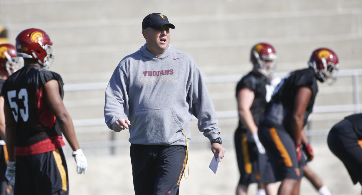 USC Coach Clay Helton runs his players through drills during Holiday Bowl practice in San Diego on Dec. 28.