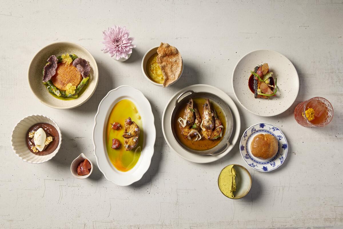 An overhead photo of chef Sujan Sarkar's modern-Indian dishes from downtown L.A.'s new Baar Baar