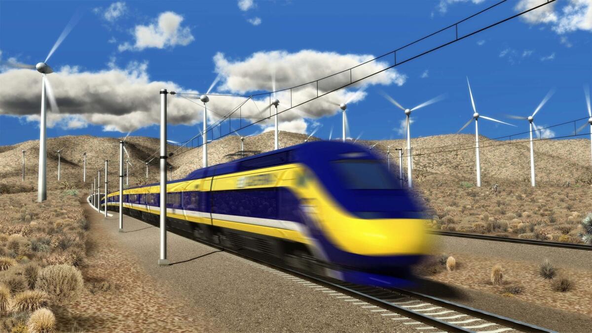 A drawing shows one of the high-speed trains that are projected to run from Los Angeles to San Francisco at speeds of up to 220 mph.