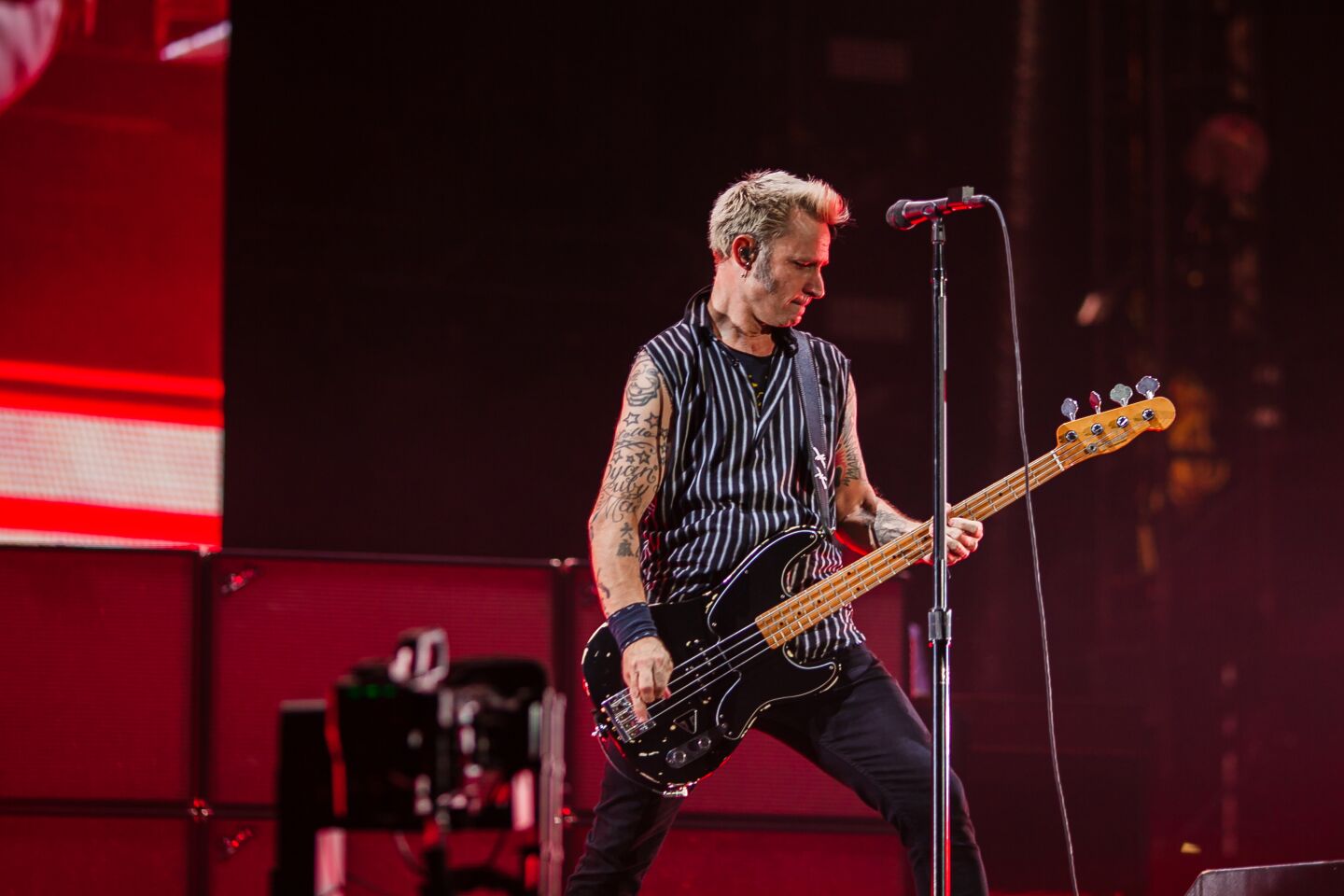 Bass guitarist Mike Dirnt of Green Day during the Hella Mega Tour at Petco Park in downtown San Diego on August 29, 2021.