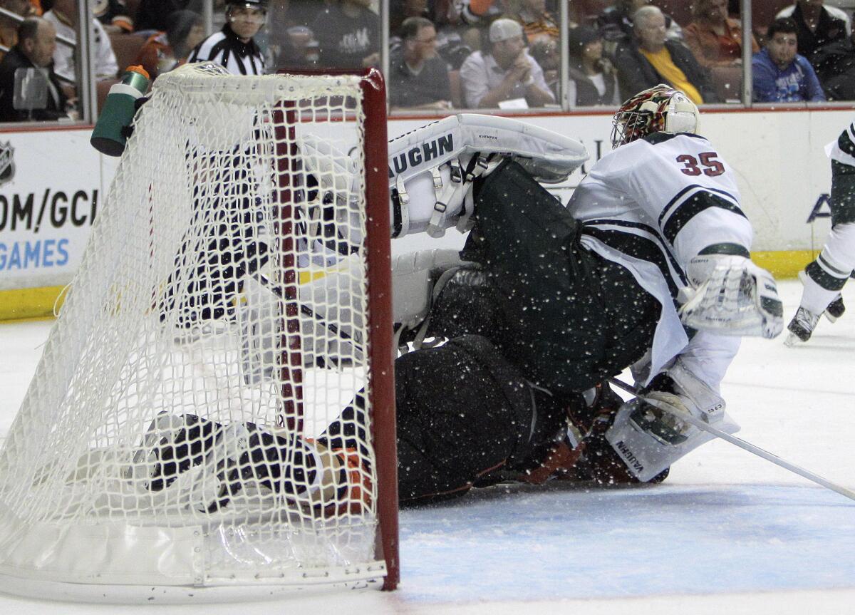 Fox Sports has renewed a long-term TV rights deal that will keep the Anaheim Ducks on Fox Sports' Prime Ticket channel. Above, the Ducks play the Minnesota Wild this month at the Honda Center in Anaheim.