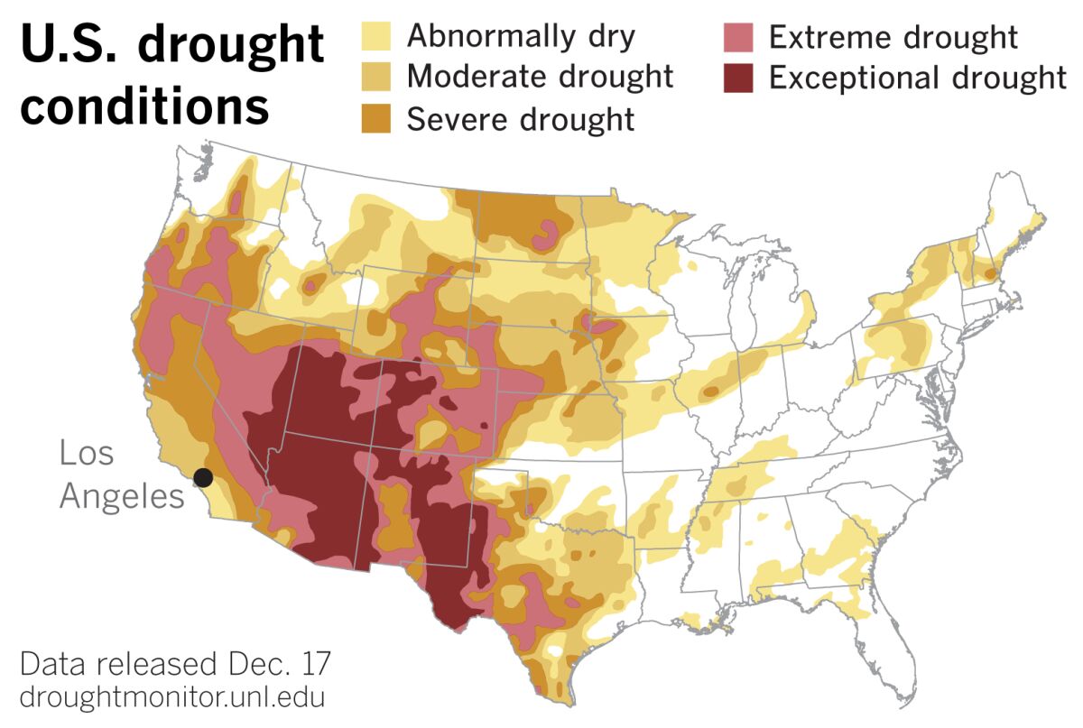 Map of the U.S. shows large regions in the West and Southwest in drought