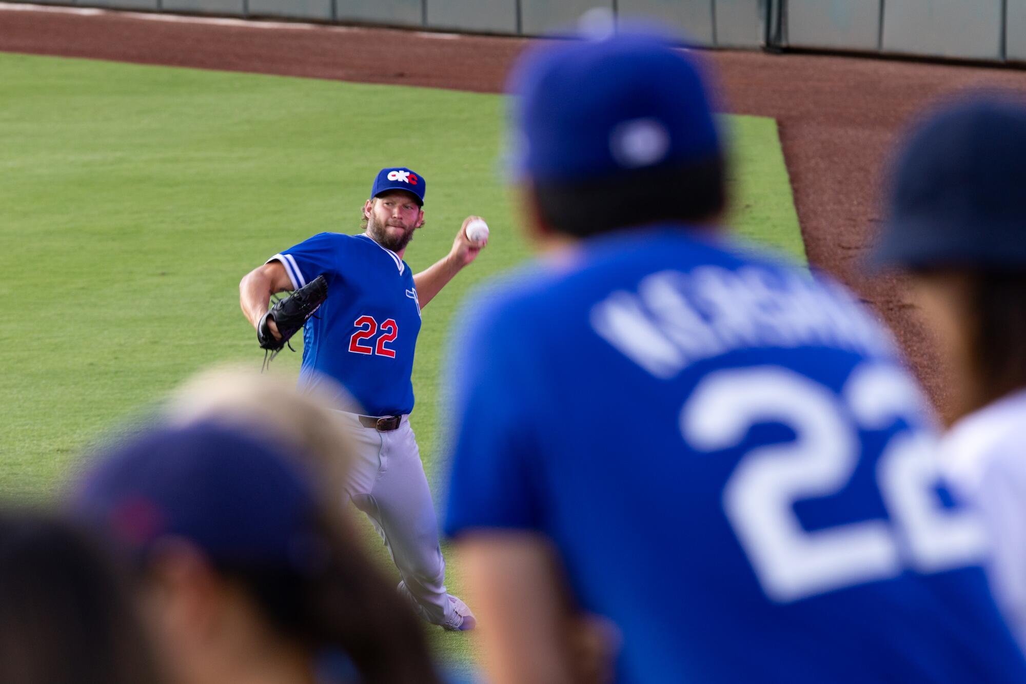 Dodgers pitcher Clayton Kershaw warms up before making a rehab start for triple-A Oklahoma City on Friday night.