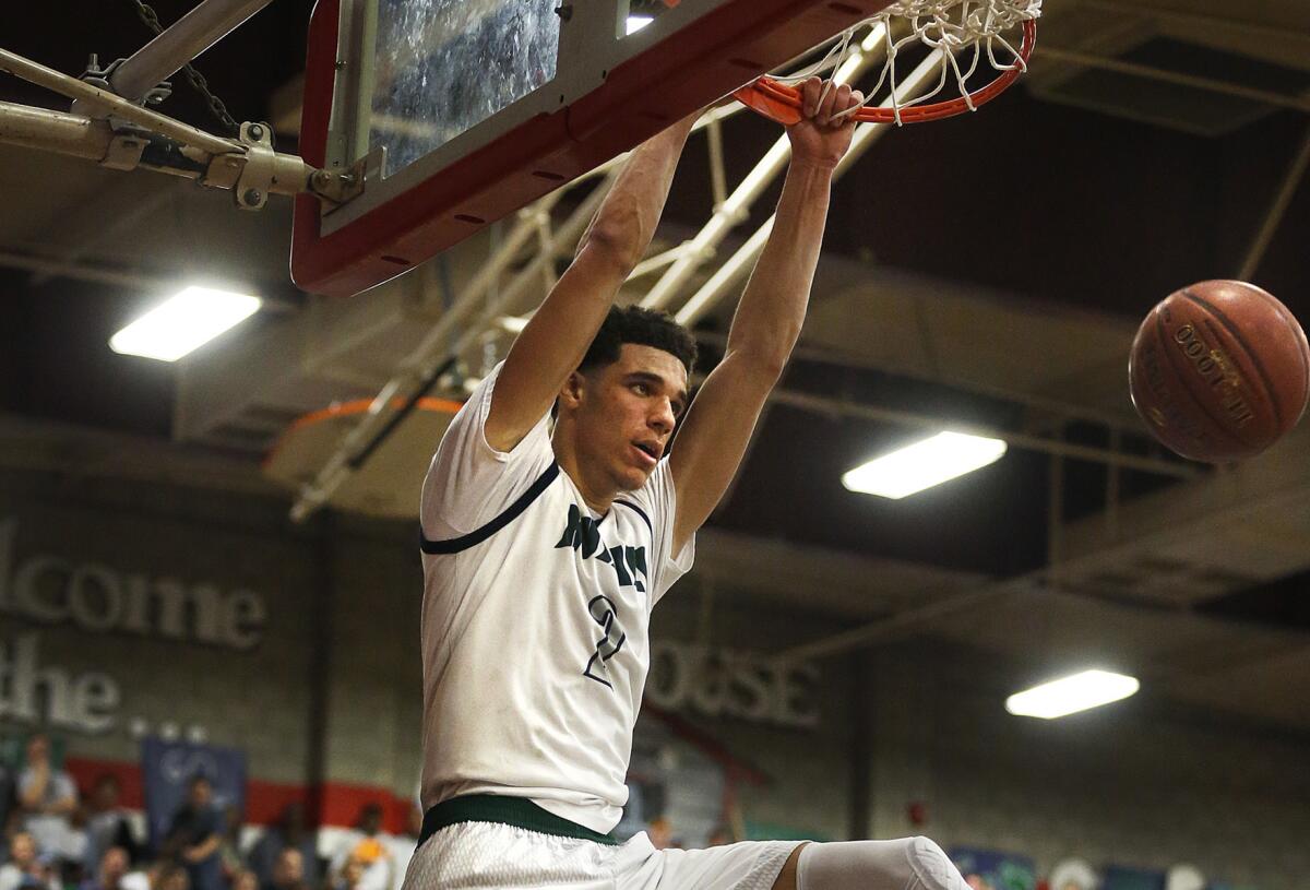 Chino Hills' Lonzo Ball dunks the ball during a Southern Section Open Division semifinal win over Mater Dei on Feb. 26.