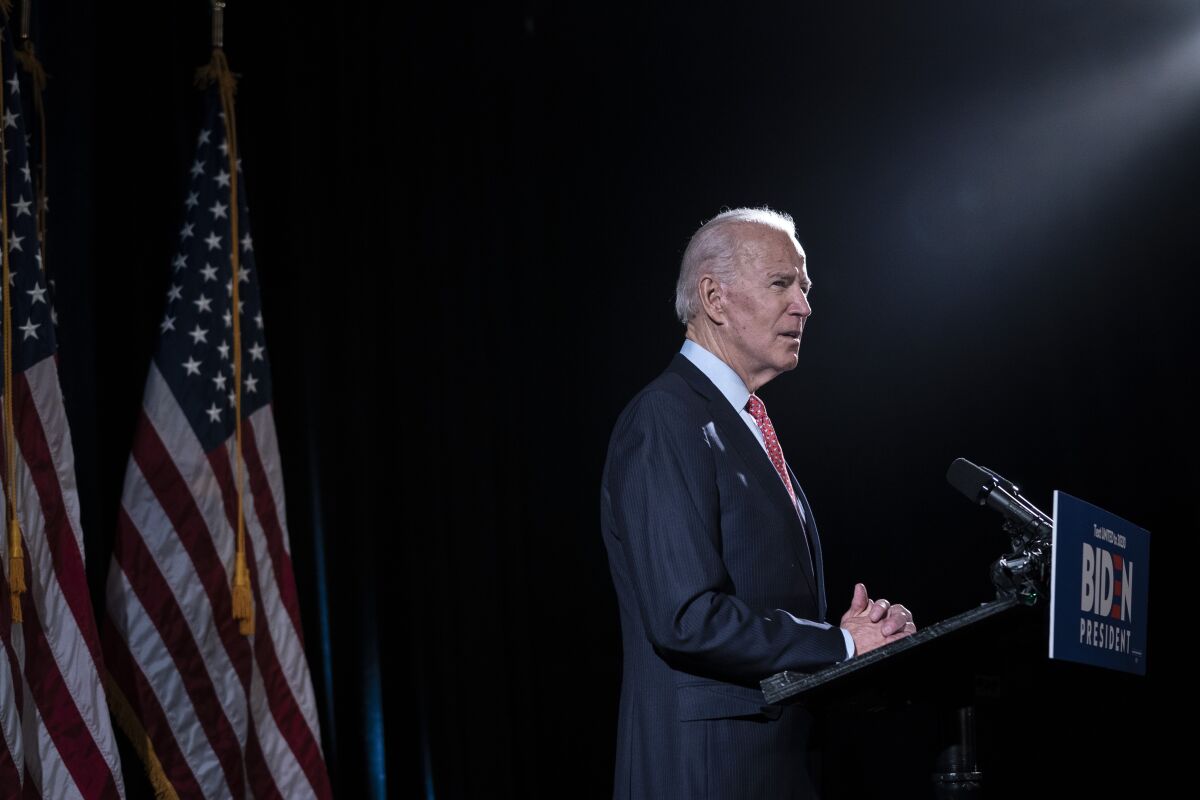 Joe Biden speaks about the coronavirus on March 12  in Wilmington, Del.