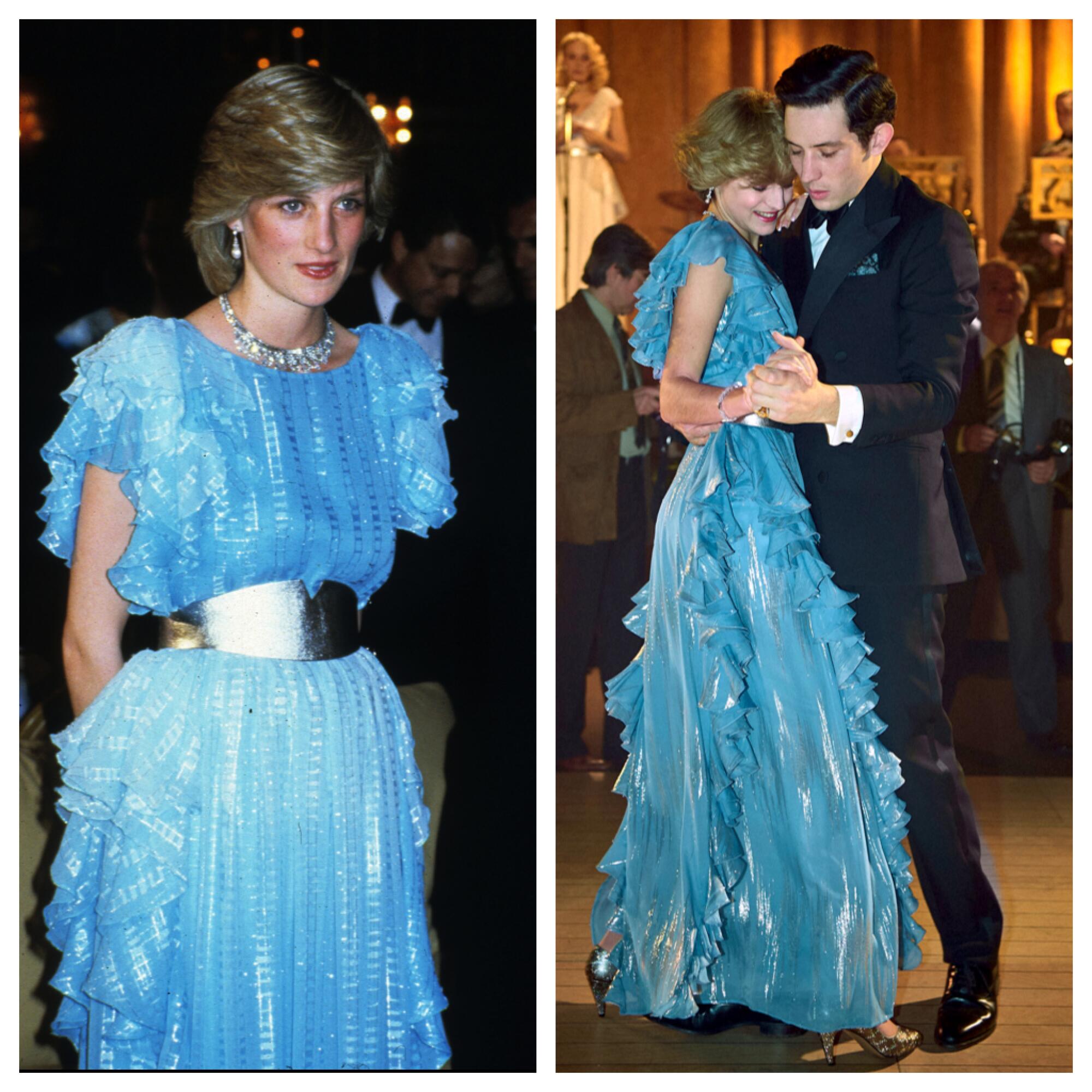 Diana, Princess of Wales, and actress Emma Corrin, who portrays her in "The Crown," wear the same long blue gown.