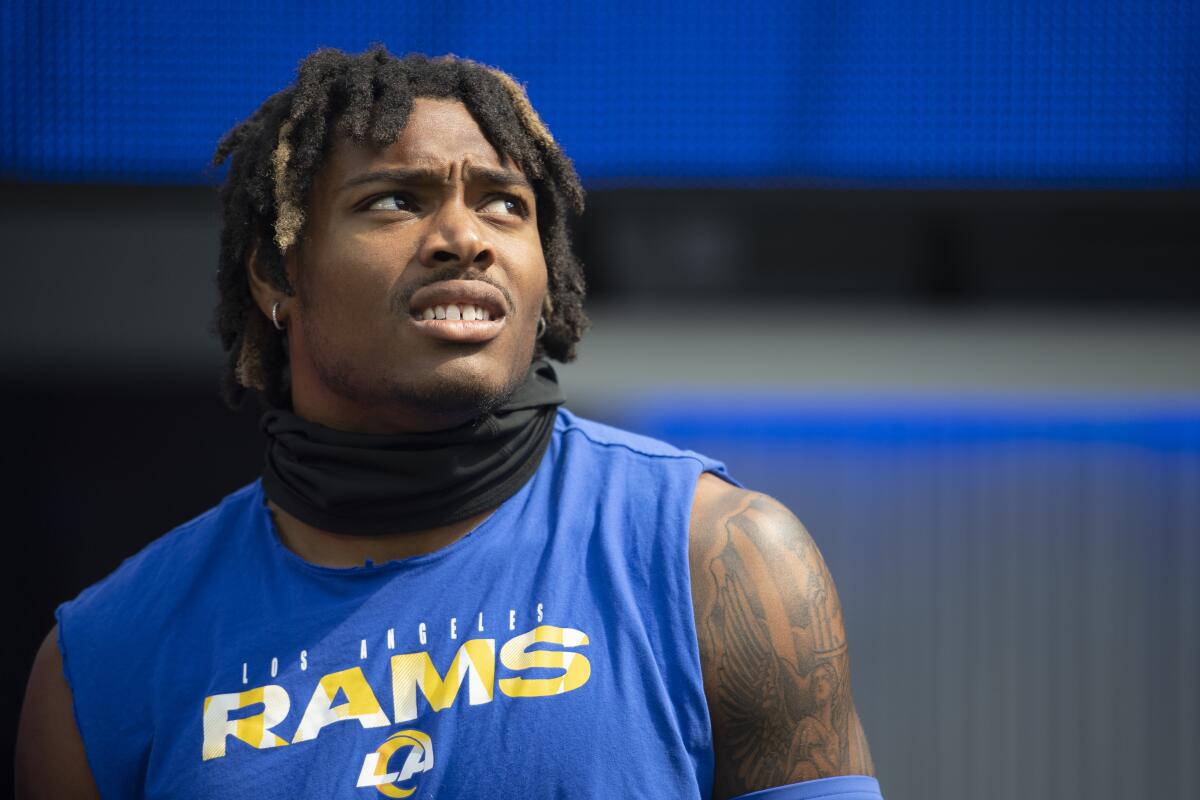 Rams cornerback Jalen Ramsey (5) looks on before a game against the Arizona Cardinals.