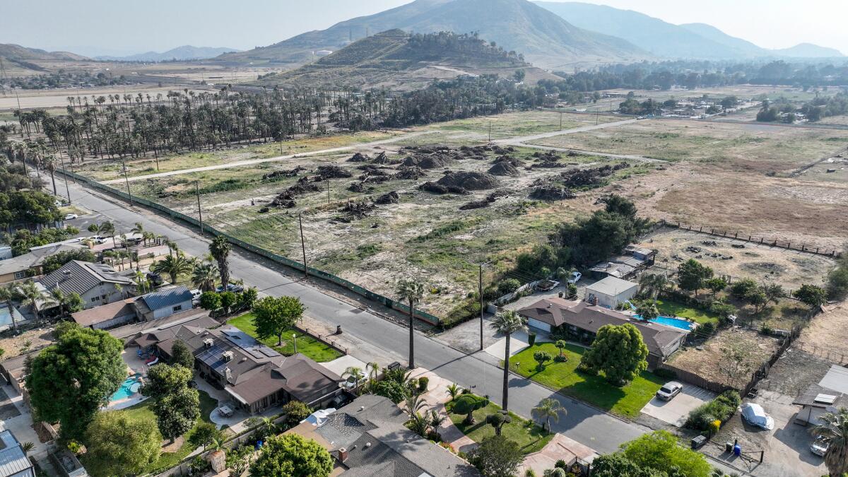 An aerial view of the unincorporated community of Bloomington, where developers aim to raze homes for more warehouses.