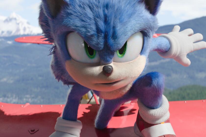 A cartoon image of a blue hedgehog with green eyes