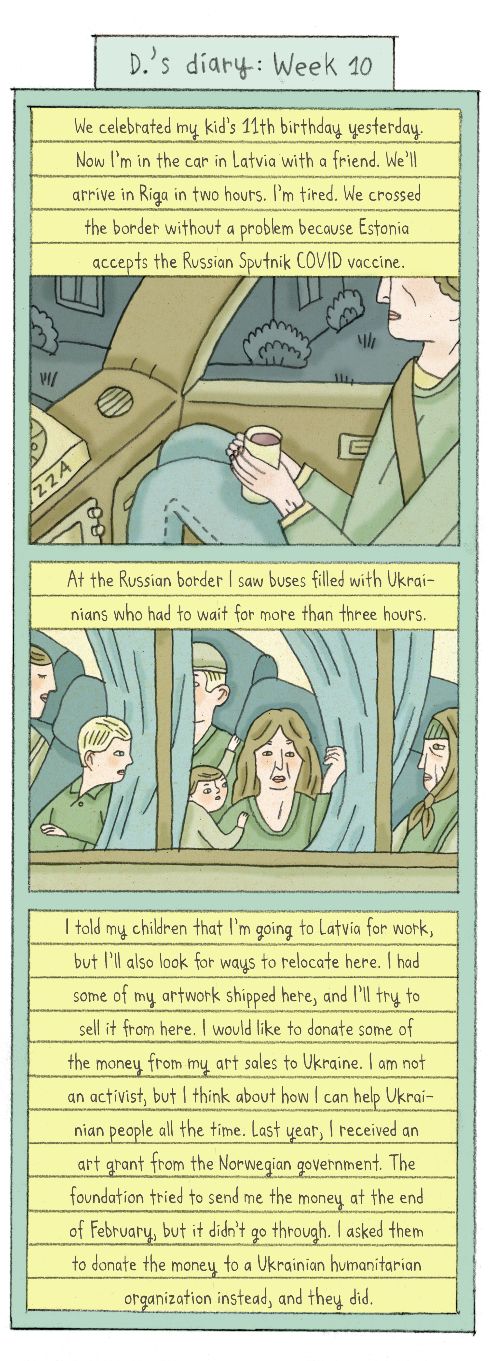 comic depicting a woman sitting in a car holding a cup. Below, people sitting on a bus.