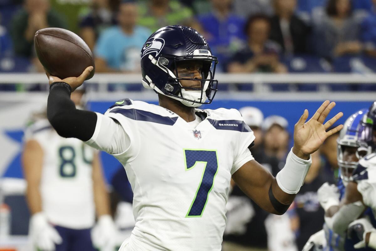Seattle Seahawks quarterback Geno Smith (7) passes in the first half against the Detroit Lions.