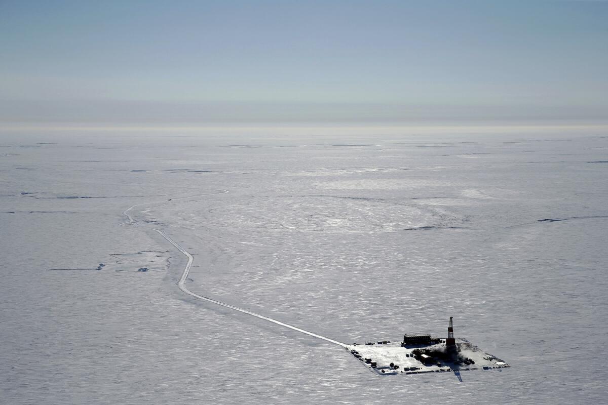 An aerial photo shows an exploratory drilling camp at the proposed site of the Willow oil project on Alaska's North Slope.