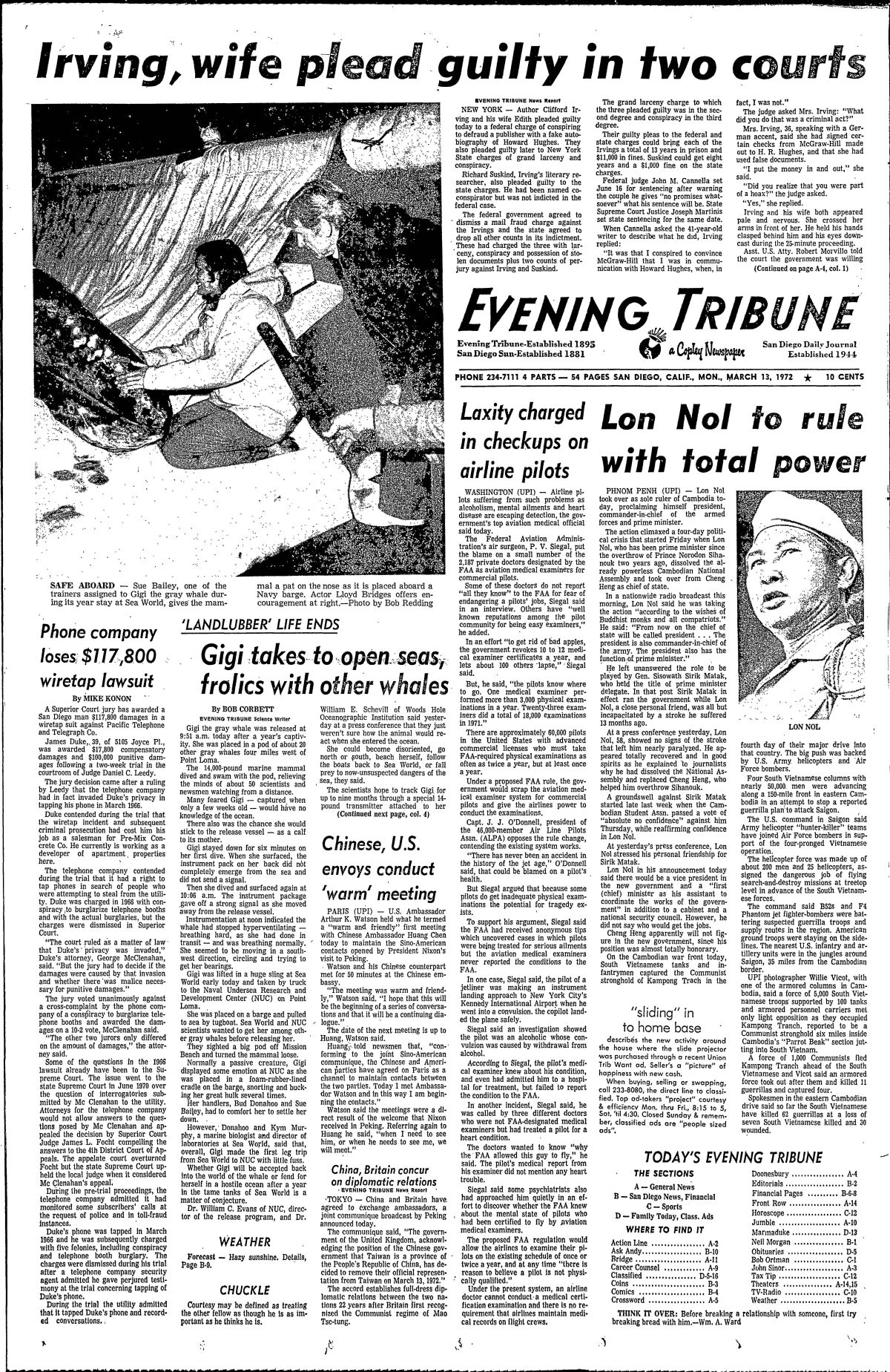 Evening Tribune newspaper March 13, 1972 front page with a story and photo of the whale called Gigi