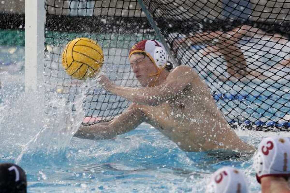 La Canada's goalie Jeff Lee makes a big stop in second half of the CIF DIII semi-final match against Palos Verdes.