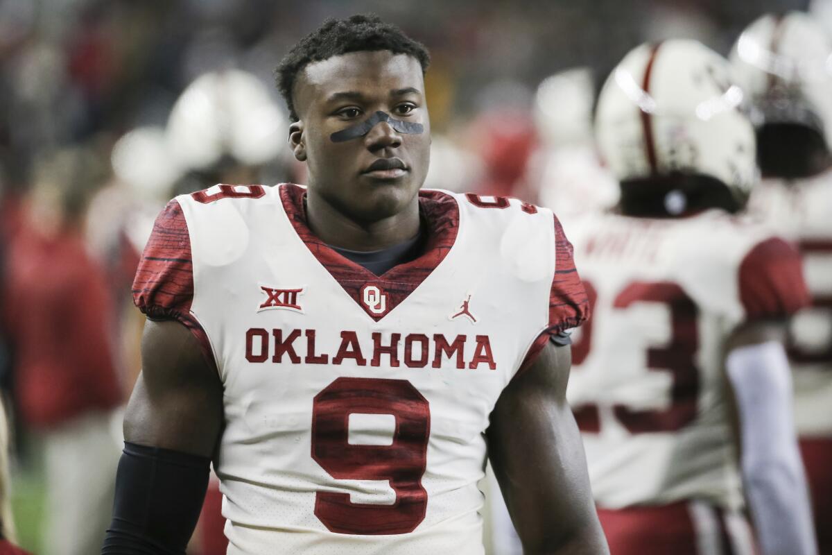 Oklahoma linebacker Kenneth Murray looks on during a game against Baylor on Nov. 16.