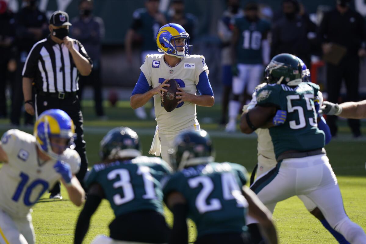 Rams quarterback Jared Goff prepares to pass against the Philadelphia Eagles.