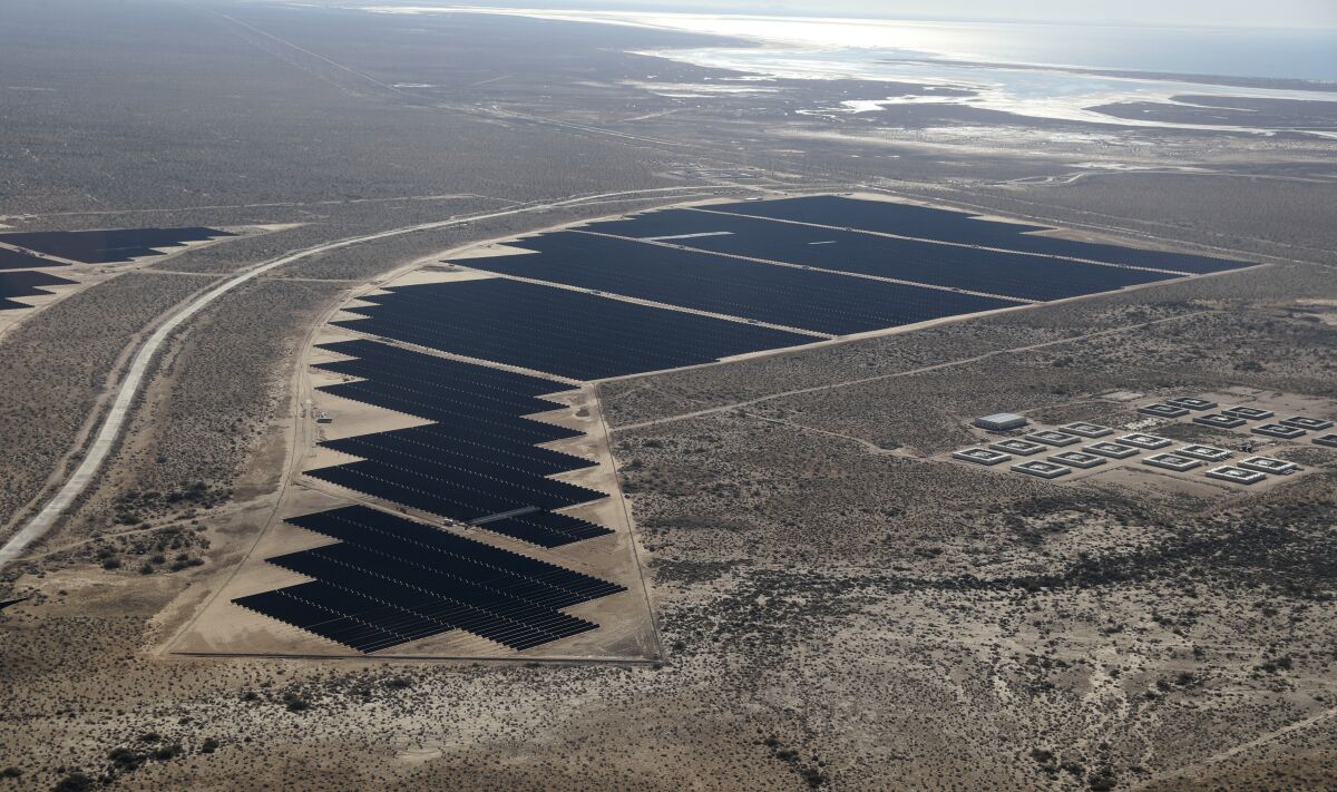 Aerial view of the northern border state of Sonora where state electric utility CFE is building the largest solar plant in all of Latin America, in Puerto Penasco, Sonora state, Mexico Thursday, Feb. 2, 2023. (Raquel Cunha/Pool Photo via AP)