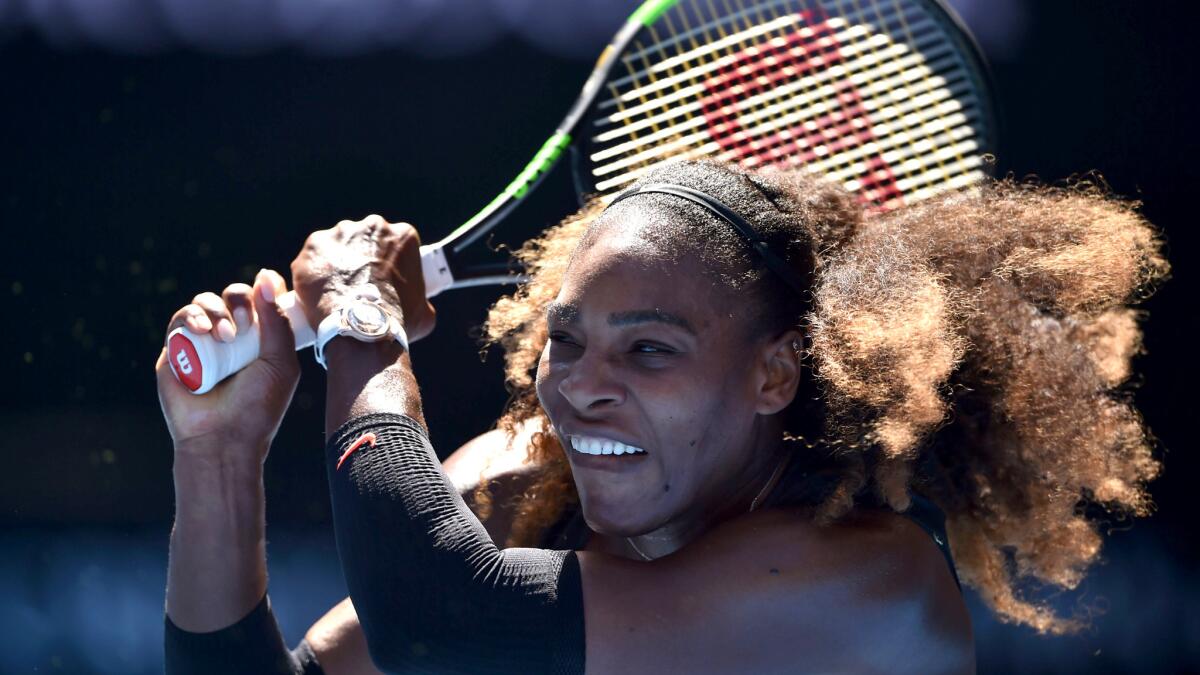 Serena Williams returns a shot against Nicole Gibbs during their third-round match at the Australian Open on Saturday.