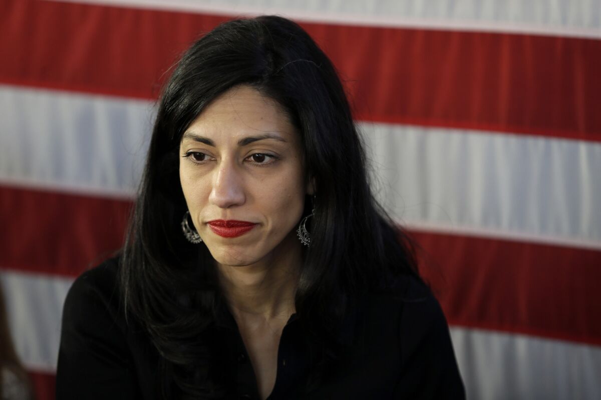 Huma Abedin, aide to Democratic presidential candidate Hillary Clinton, attends a rally in Staten Island, N.Y., on April 17.